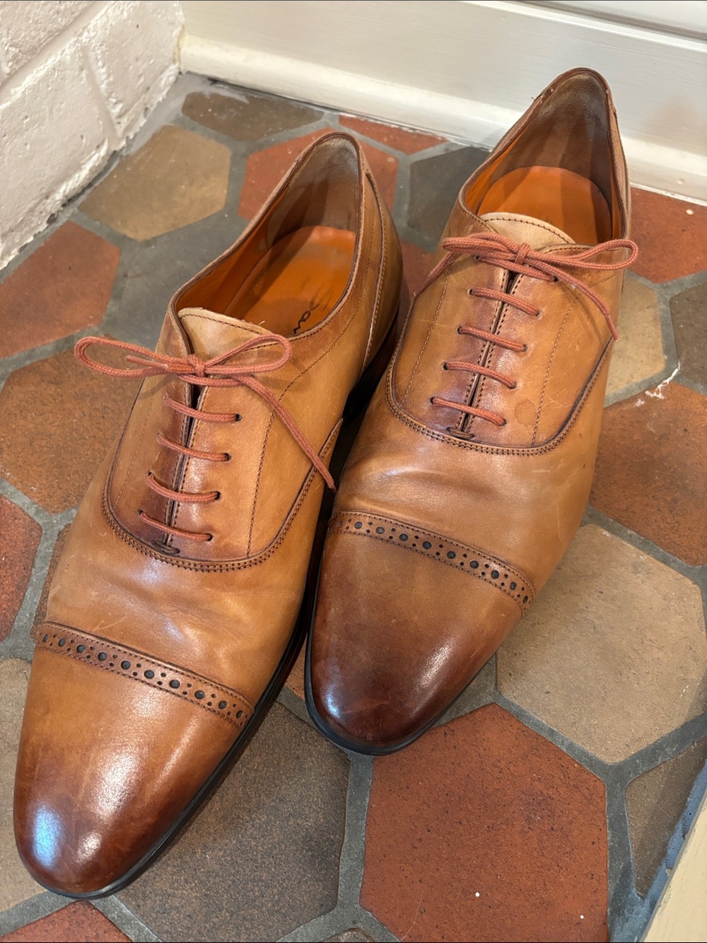 Santoni Cognac Brown Leather Cap-Toe Oxfords